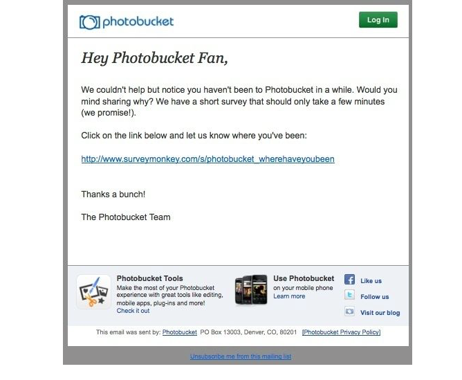 Photobucket re-engagement email asking customers why they haven't been back