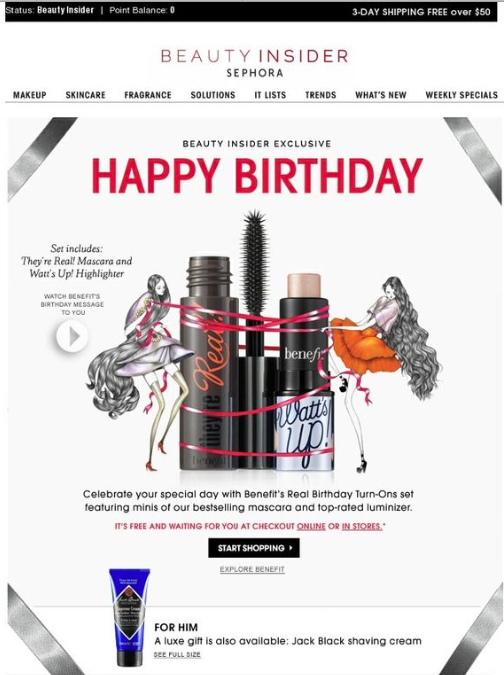 Sephora happy birthday triggered email offering a free gift with purchase to loyal customers