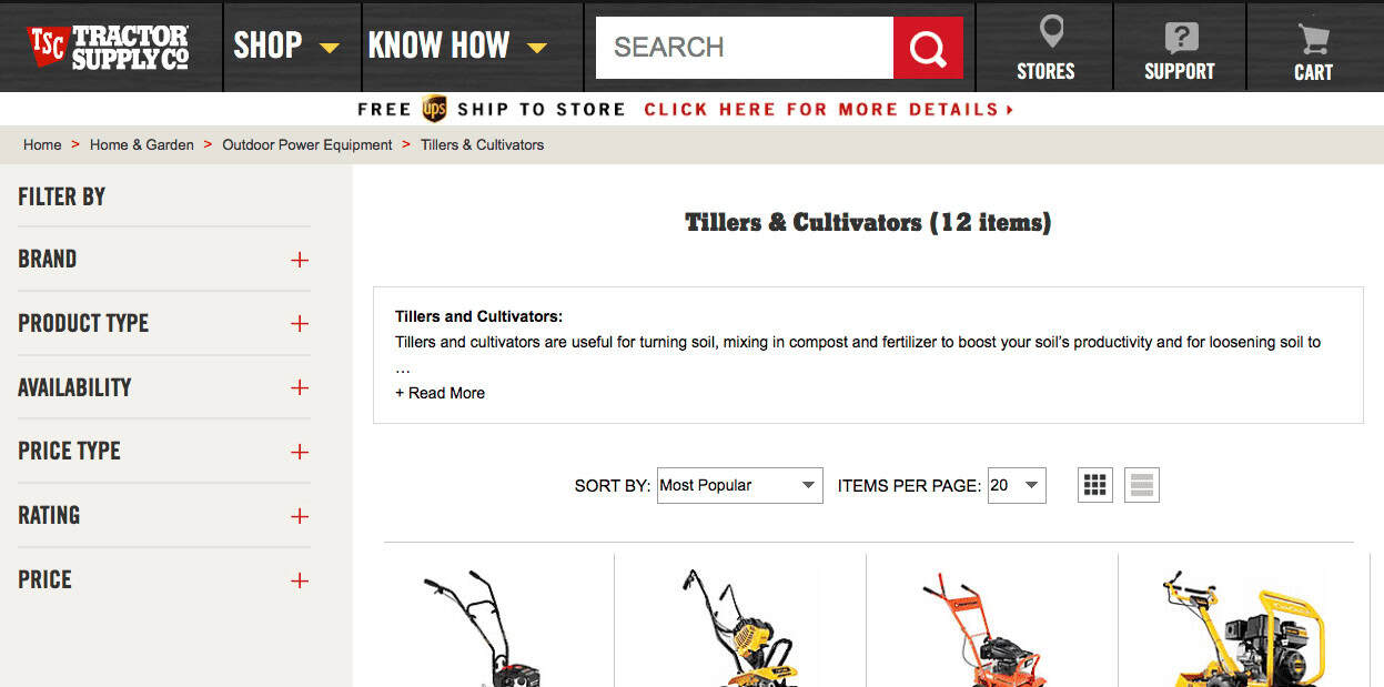 Tractor Supply website displaying a clear search bar and filtering system for efficient site searches