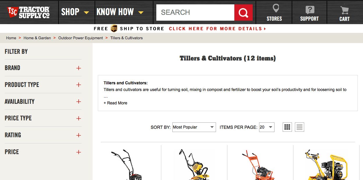 Tractor Supply website displaying a clear search bar and filtering system for efficient site searches