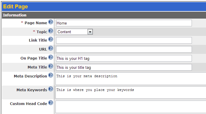 Web Shop Manager interface showing where to plug in Meta Information