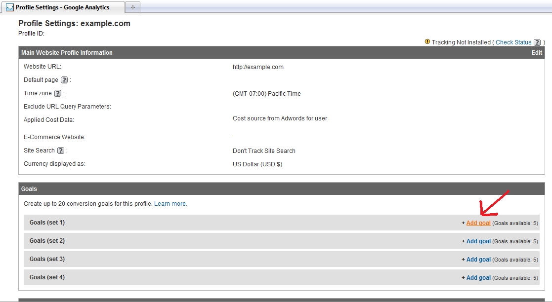 Form for adding a new goal in Google Analytics with goal URL, name, and status