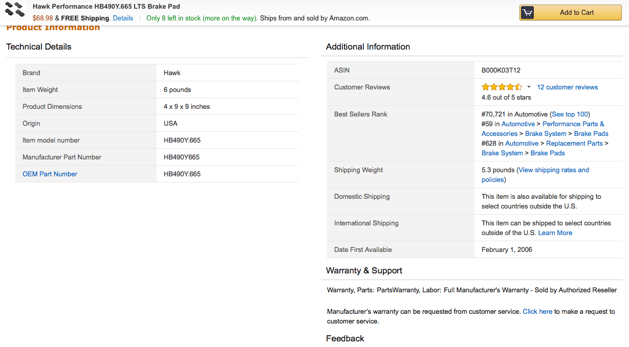 Amazon product description example for complex auto data in eCommerce