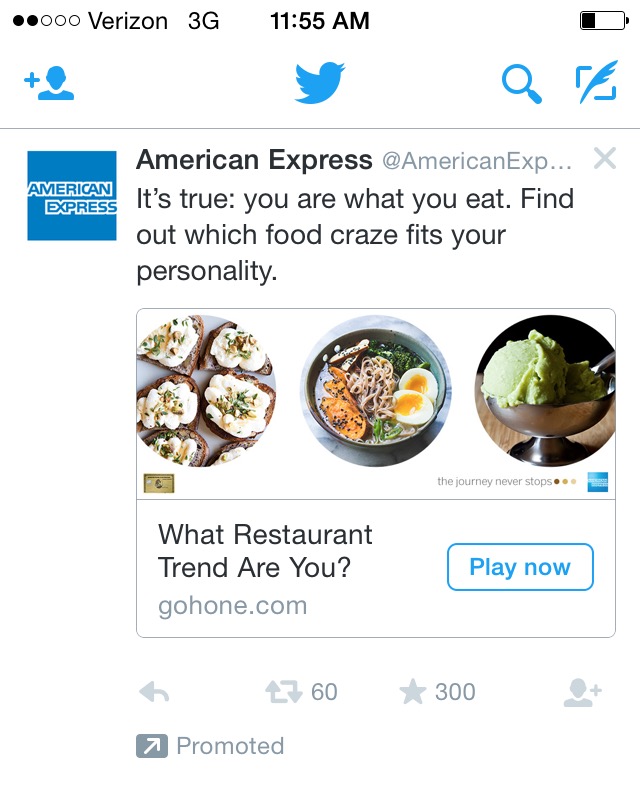 American Express Twitter post with an entertaining, non-sales focus