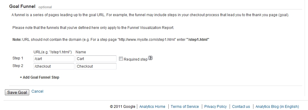 Screenshot of Google Analytics goal funnel setup details with steps added