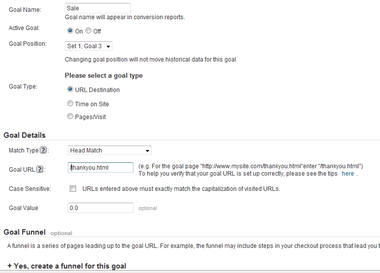 Screenshot of Google Analytics goal details showing URL Destination type and head match option