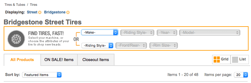Bike Bandit website screenshot showing tool to find Bridgestone tires for a bike