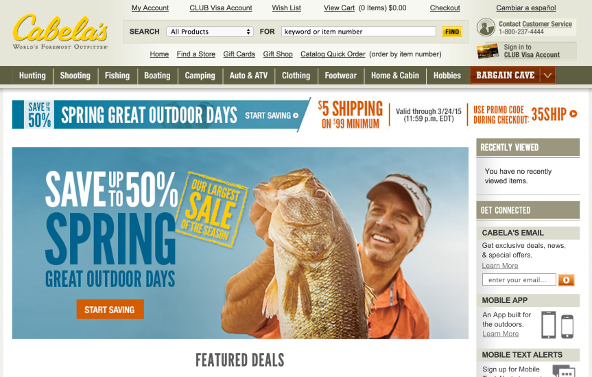 Cabelas homepage example demonstrating rich content and special offers
