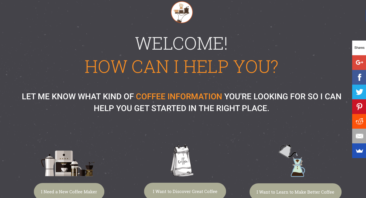 Example of The Coffee Concierge website refining their niche to coffee education and preparation techniques