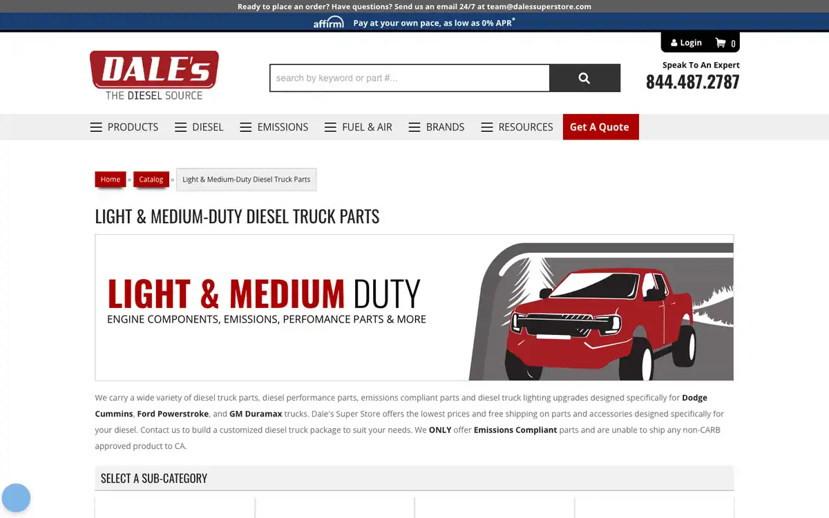 Dale's Super Store Light and Medium Duty Diesel Truck Parts category page