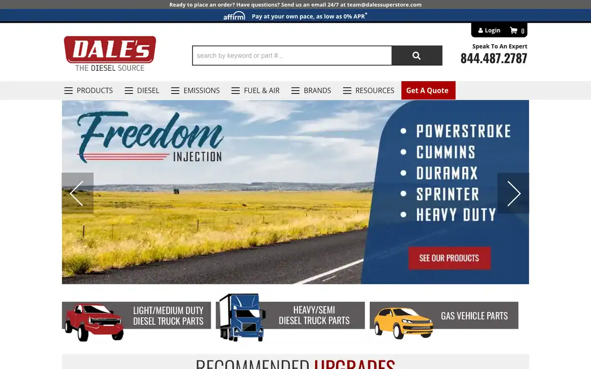 Dale's Super Store home page with engine families in the hero and tiles for light and medium duty diesel, heavy and semi diesel, and gas vehicle parts