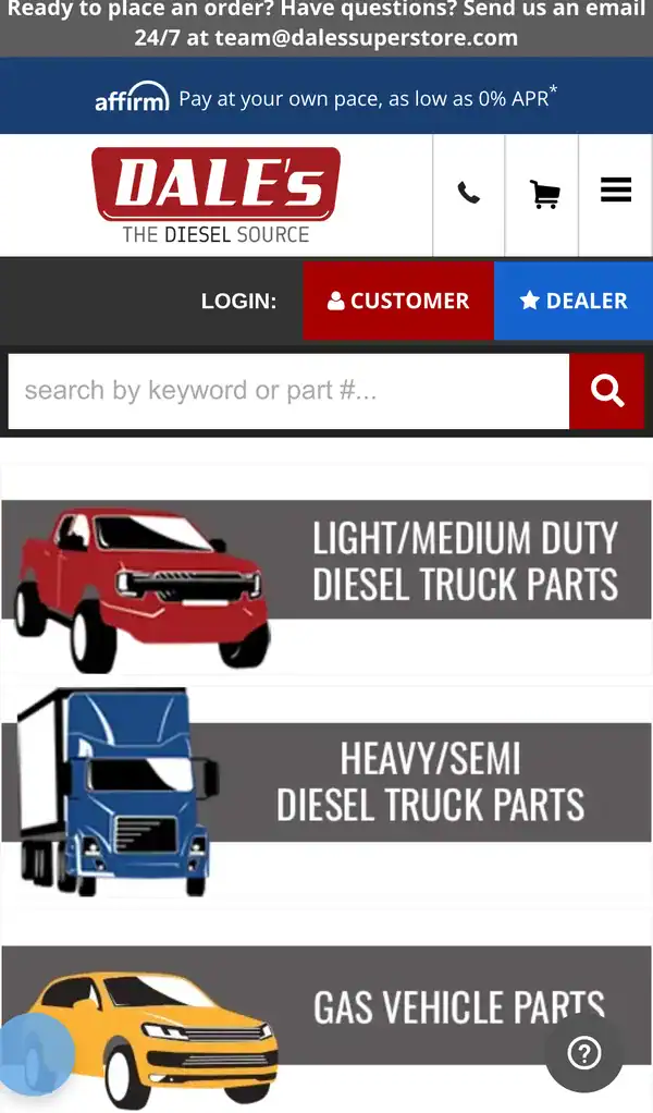 Dale's Super Store on a phone with Customer and Dealer login buttons and truck class tiles