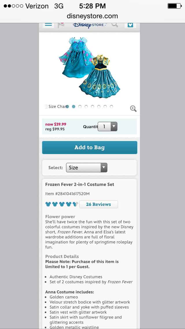 Disney Frozen product page example for e-commerce with rich descriptions and images