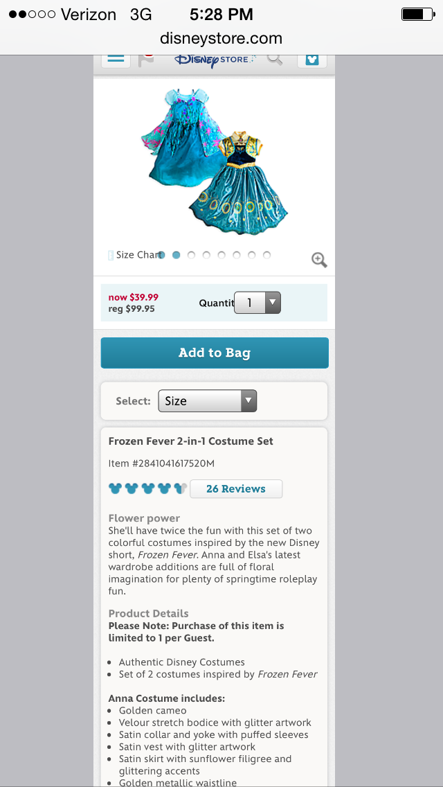 Disney Frozen product page example for e-commerce with rich descriptions and images