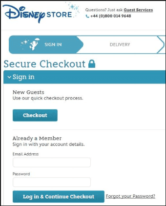 Image of the Disney Store mobile checkout highlighting security measures for safe transactions
