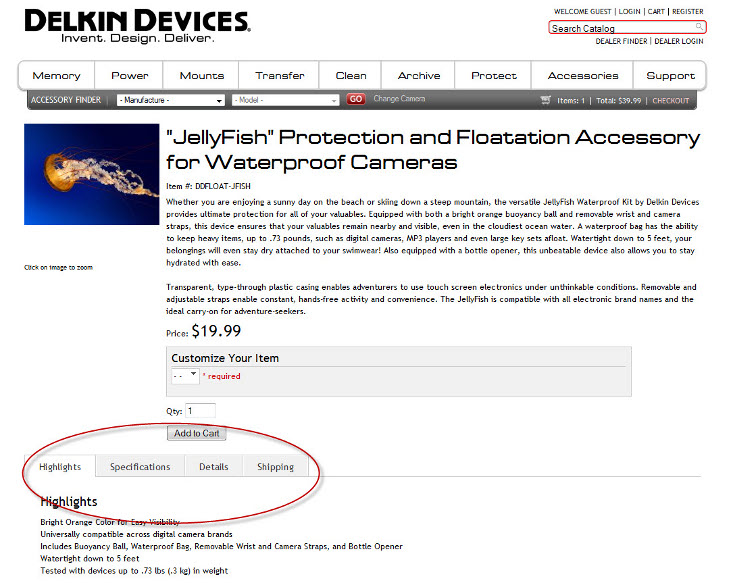 Web Shop Manager Product Page using the new Tabbed View for additional information