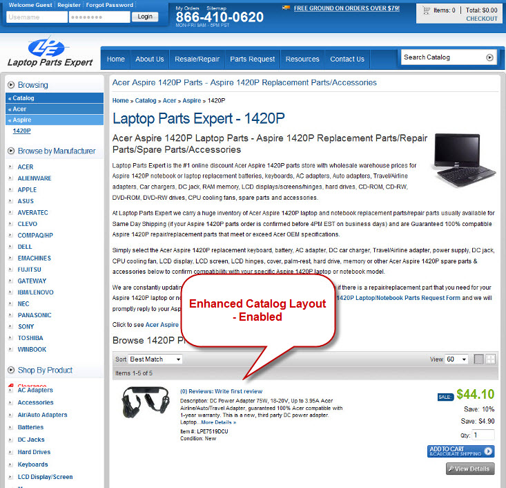 Example of Web Shop Manager Enhanced Catalog Layout with product details and Add to Cart button