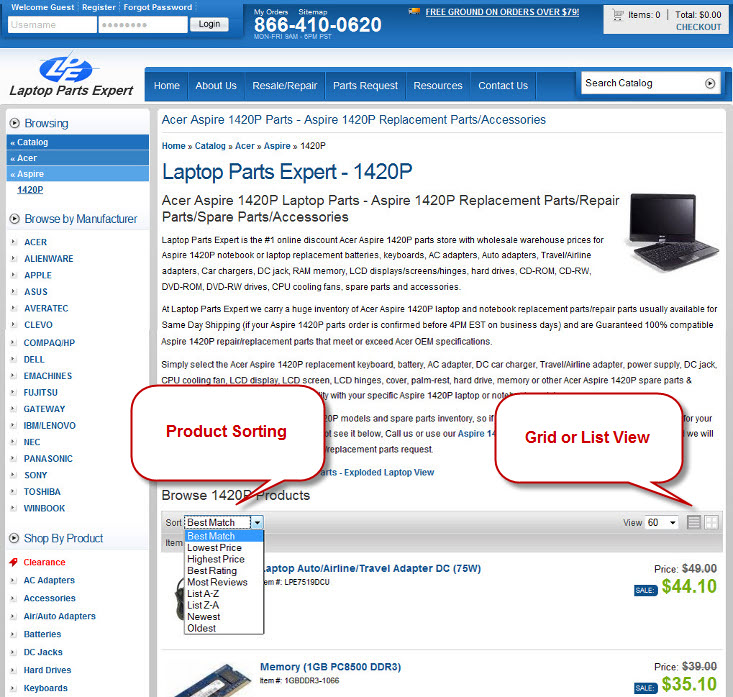 Example of Web Shop Manager Default Catalog Layout showing only product names