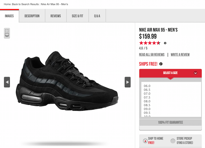 Foot Locker product page showing tabbed descriptions for conversion optimization