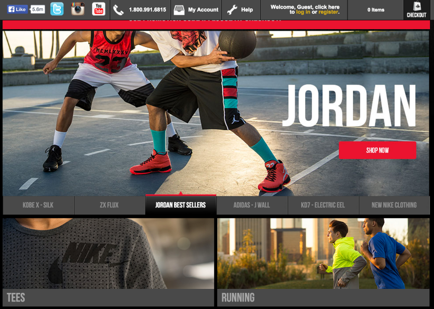 Foot Locker homepage with main banner and category kickers for high conversion