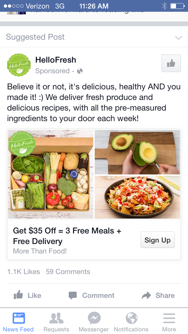 Hello Fresh Facebook post offering free shipping and a $35 off coupon