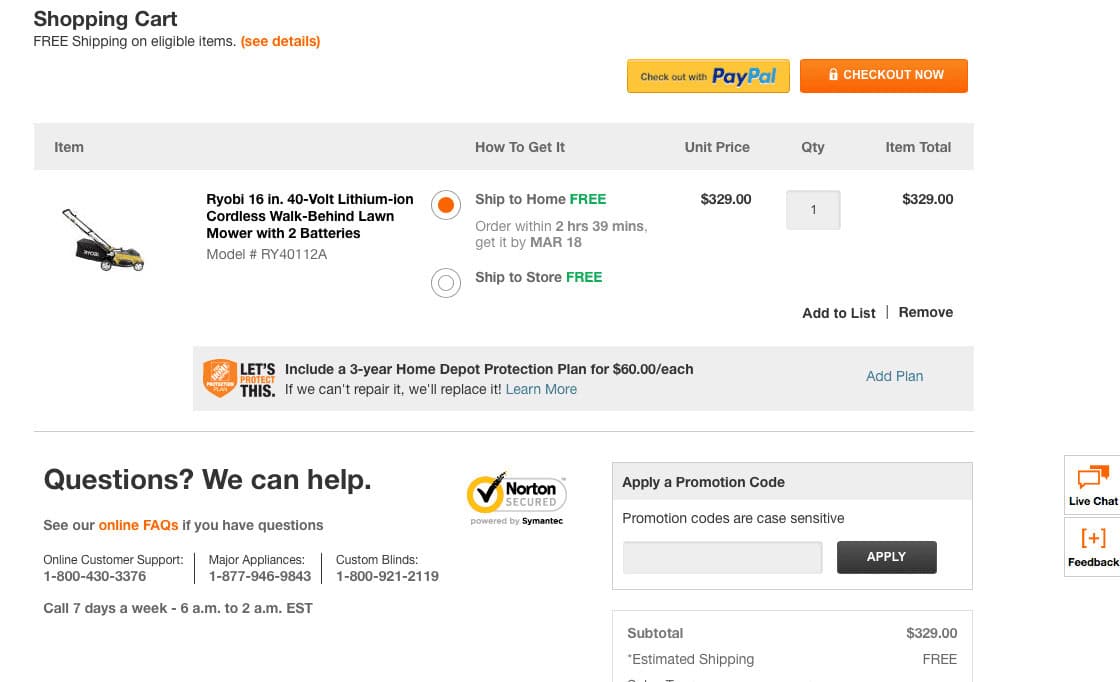 Home Depot checkout page showing free shipping, payment options, and security icons
