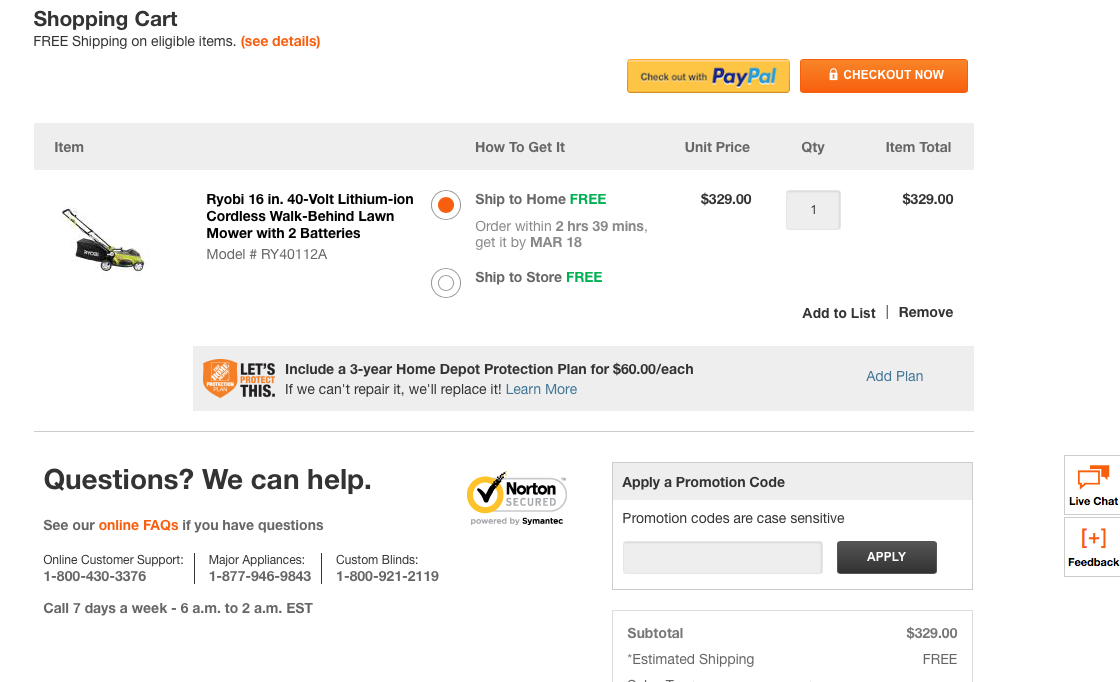 Home Depot checkout page showing free shipping, payment options, and security icons