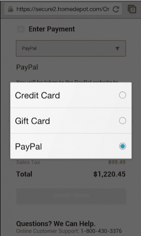 Home Depot mobile payment options in e-commerce checkout