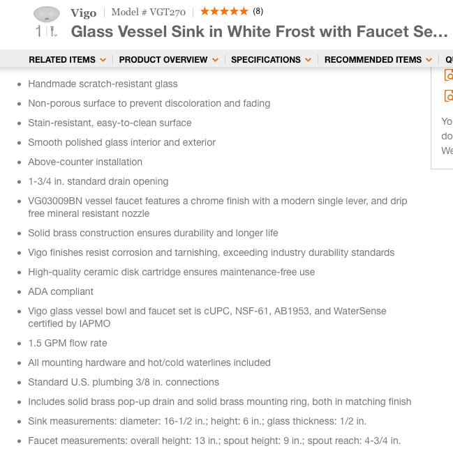 Home Depot product information showing ADA compliance and standard plumbing connections for a glass vessel sink