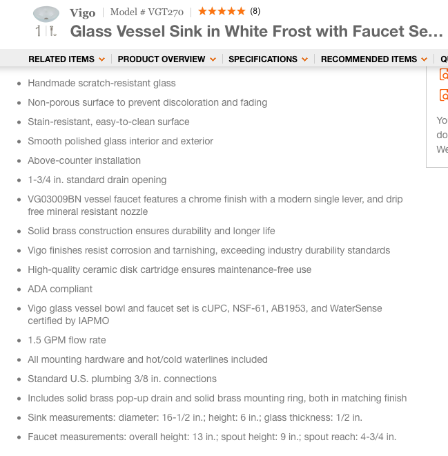 Home Depot product information showing ADA compliance and standard plumbing connections for a glass vessel sink