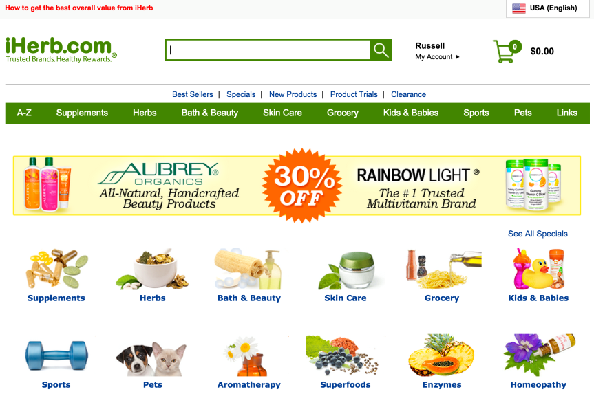 iHerb.com homepage showcasing the classic banner and kicker layout