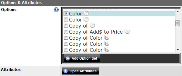Screenshot of Product Page navigation for assigning Option Sets with Inventory