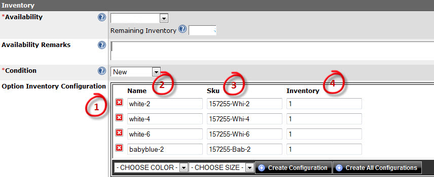 Screenshot showing how to assign inventory, SKU, and name for individual product configurations