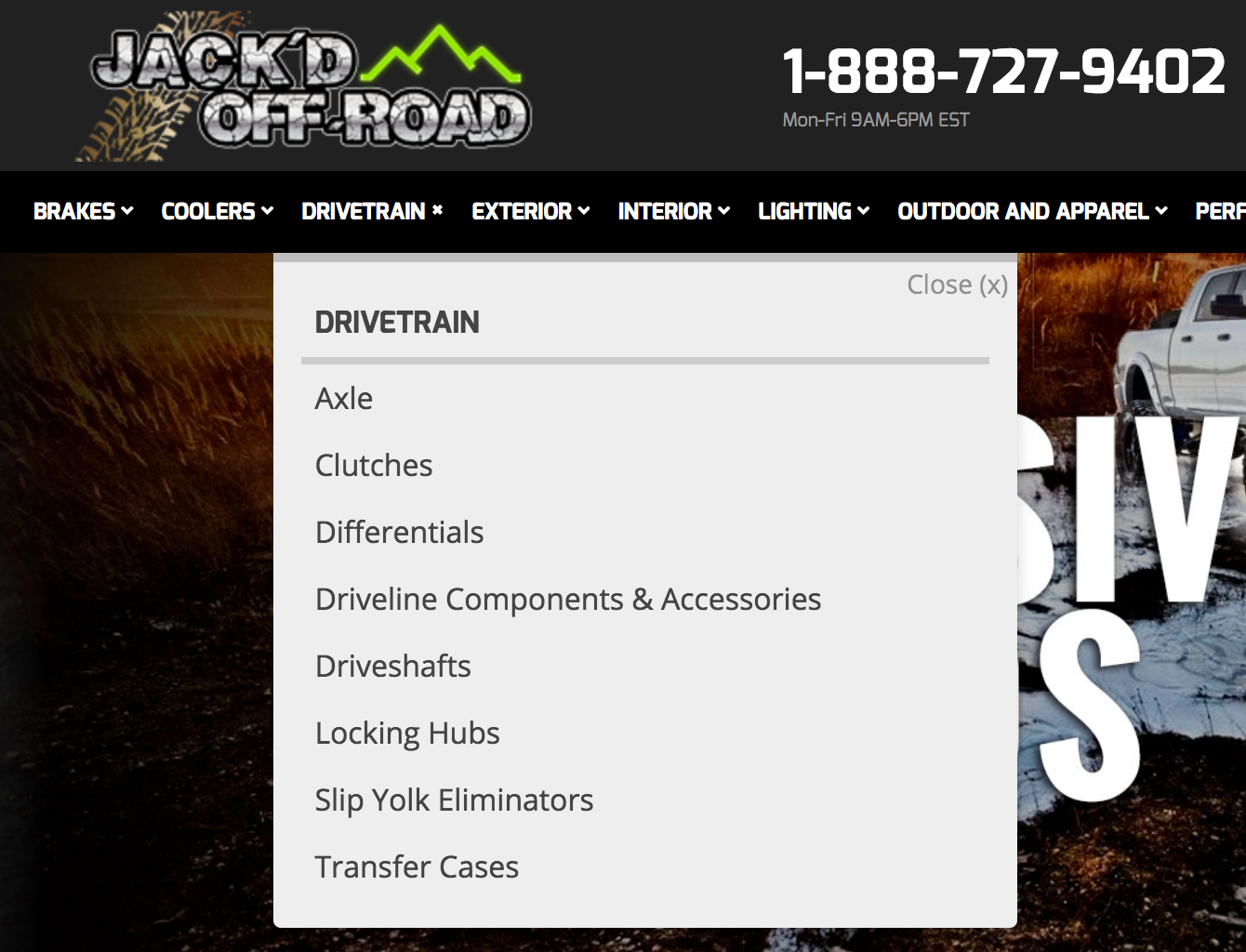 Screenshot of Jack'd Offroad's website showing Drivetrain main category broken down into more manageable subcategories