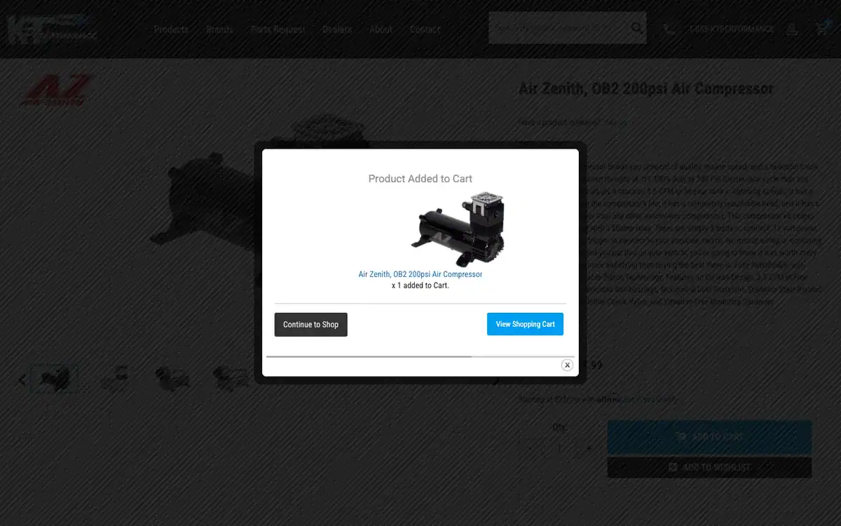 KT Performance product page on desktop with a Product Added to Cart confirmation box offering Continue to Shop or View Shopping Cart