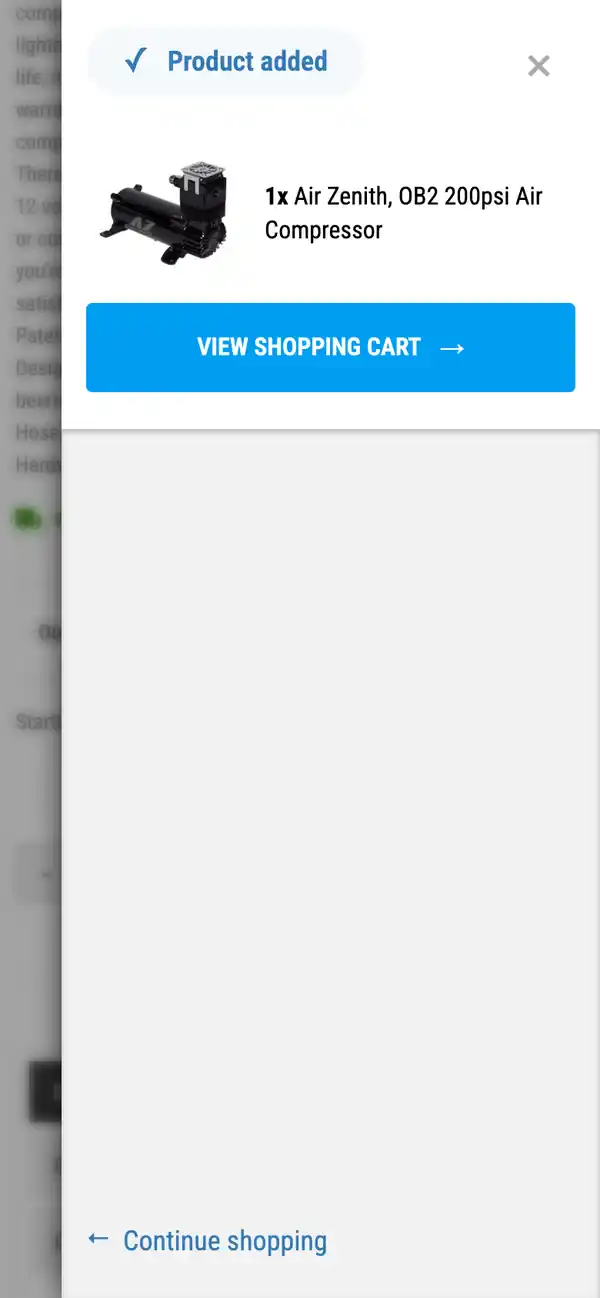 KT Performance Product added panel on a phone with the item, a View Shopping Cart button and a Continue shopping link