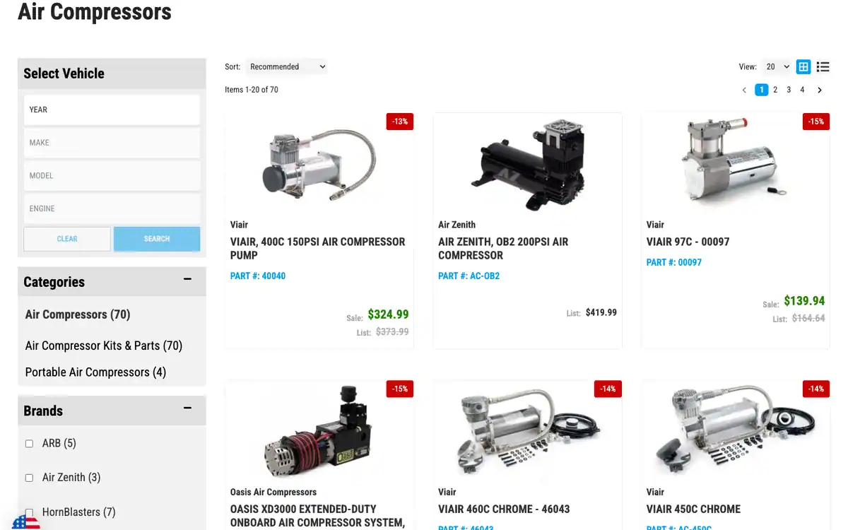 KT Performance air compressor category page on desktop with the vehicle selector and a three-column product grid