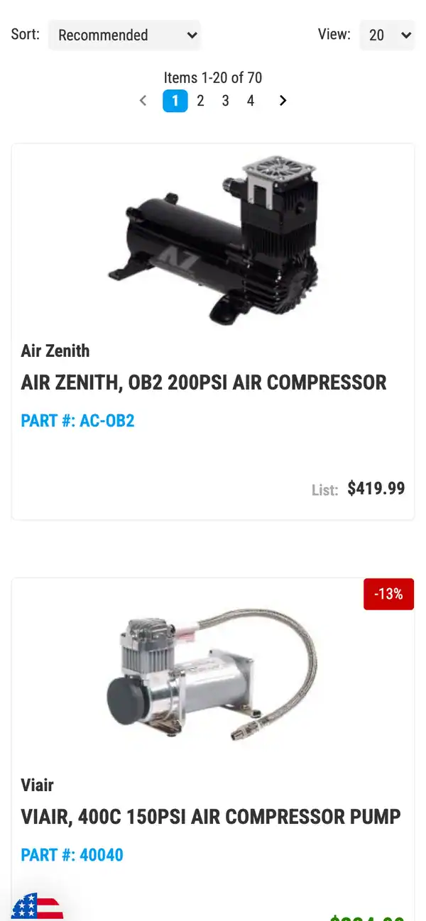 KT Performance air compressor category page on a phone with one product per row and large product images