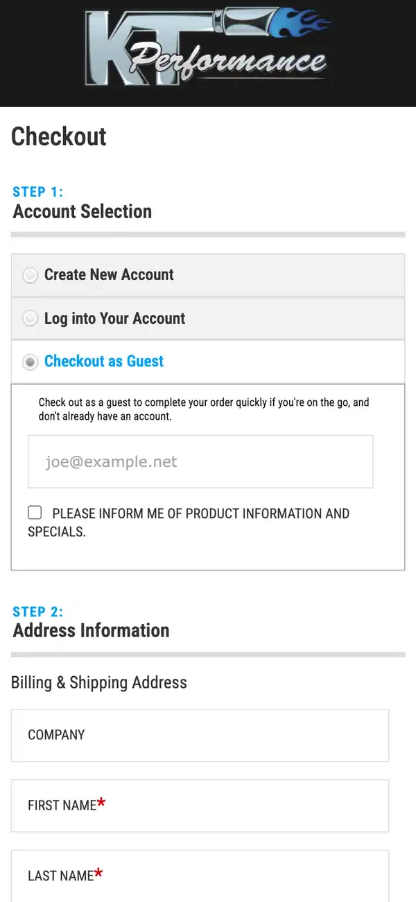 KT Performance checkout on a phone with a logo-only header and account selection as step 1
