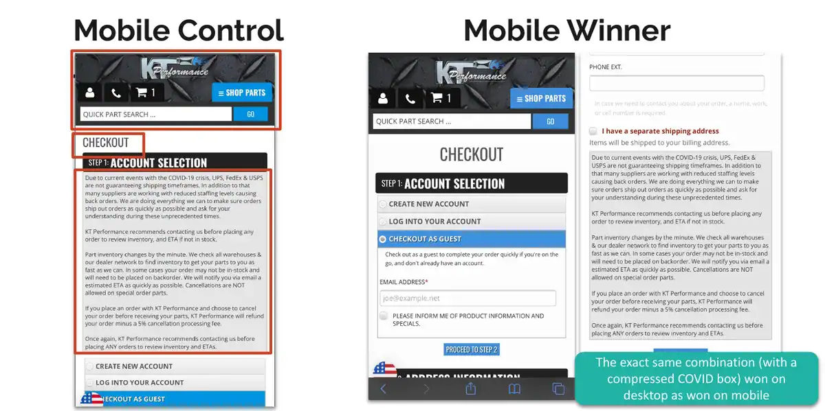 KT Performance mobile checkout in 2020, the control with a long COVID-19 notice above account selection beside the winner with a centered Checkout heading and account selection first