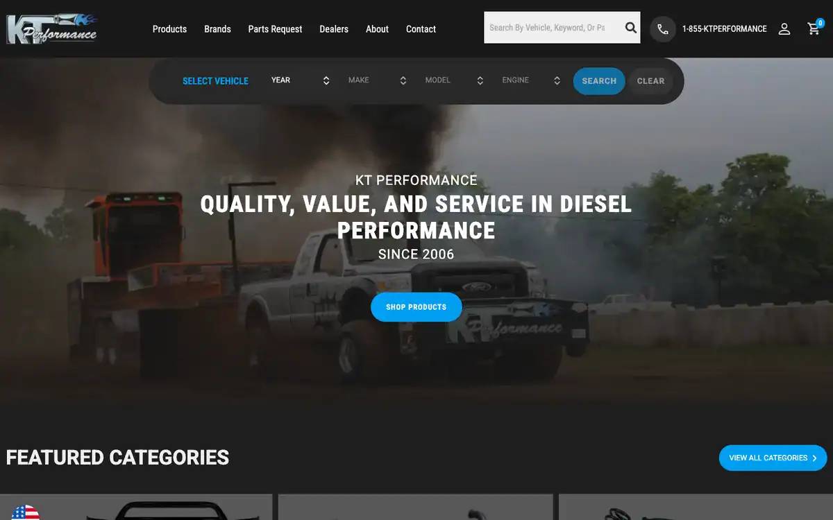 KT Performance home page on desktop with the vehicle selector and a diesel truck hero