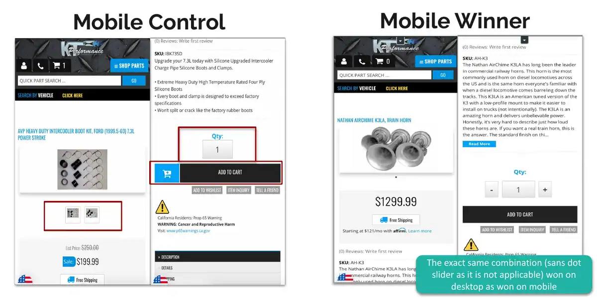 KT Performance mobile product page in 2020, the control version beside the winning combination with a plus and minus quantity selector and one full-width add to cart button