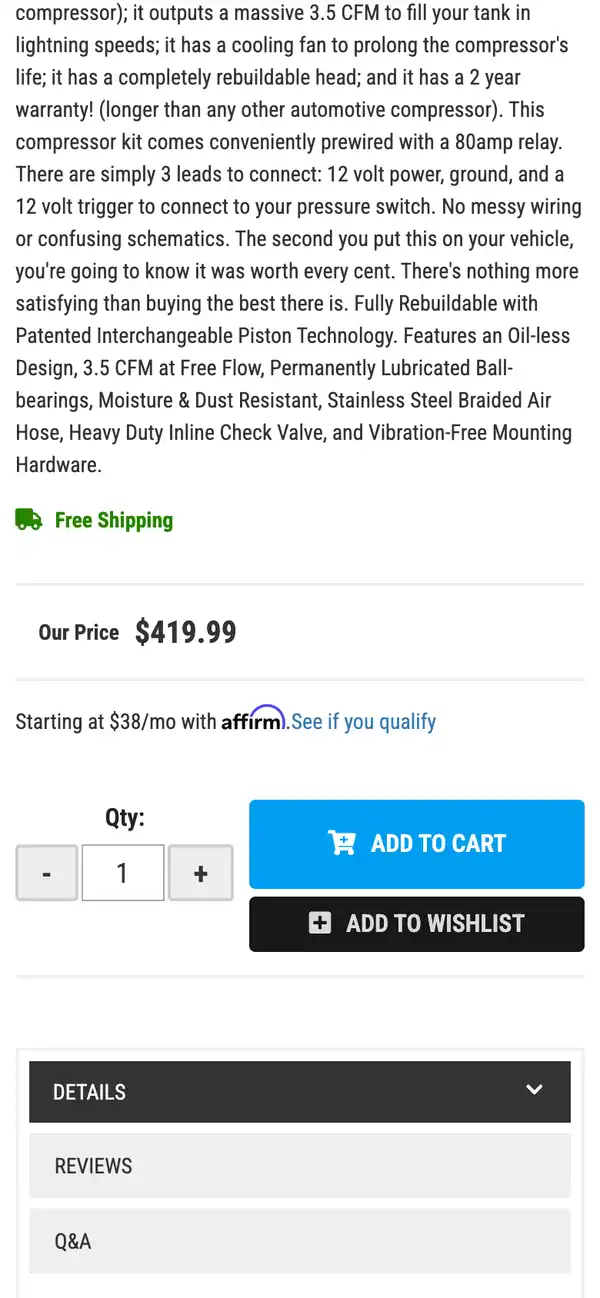 KT Performance product page on a phone with the price, a plus and minus quantity selector and one large Add to Cart button