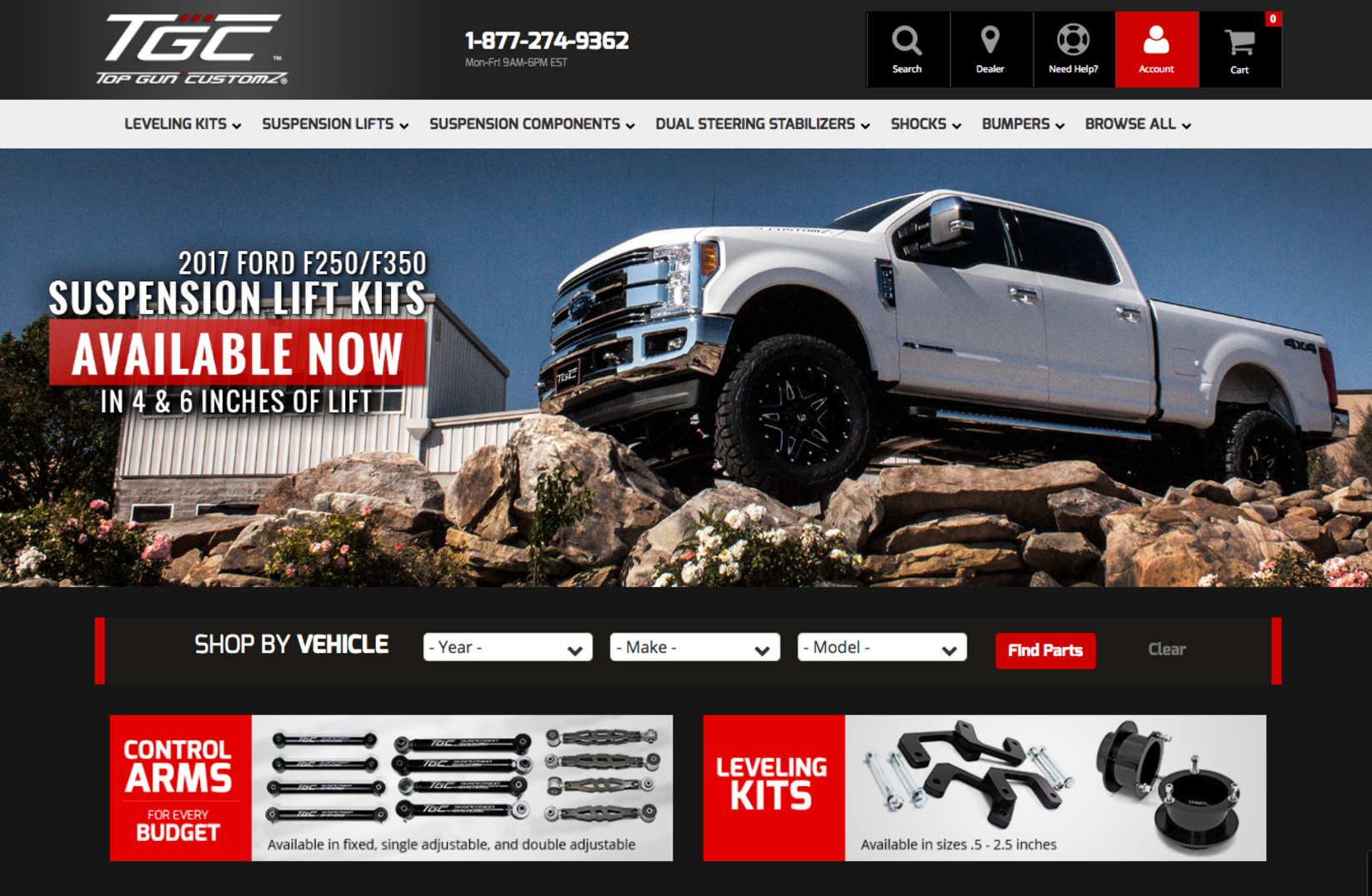 client website prioritizing lift kits, control arms, and leveling kits as key products