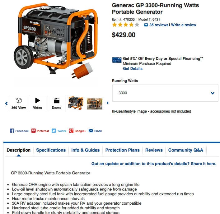 Lowes product page example showing high-quality image, demo, 360 view, and detailed specs for conversion rate optimization