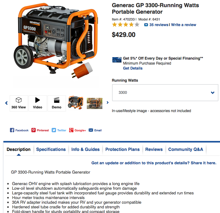 Lowes product page example showing high-quality image, demo, 360 view, and detailed specs for conversion rate optimization