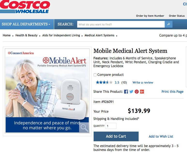 Costco mobile medical alert system product for the elderly