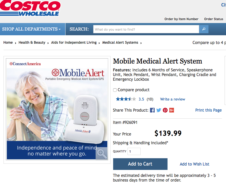Costco mobile medical alert system product for the elderly