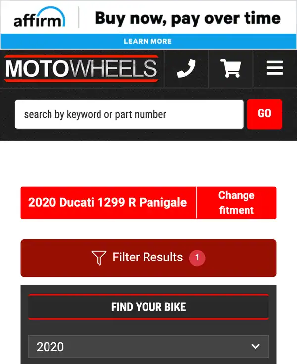 Motowheels fitment results on a phone for a 2020 Ducati 1299 R Panigale with a Filter Results button