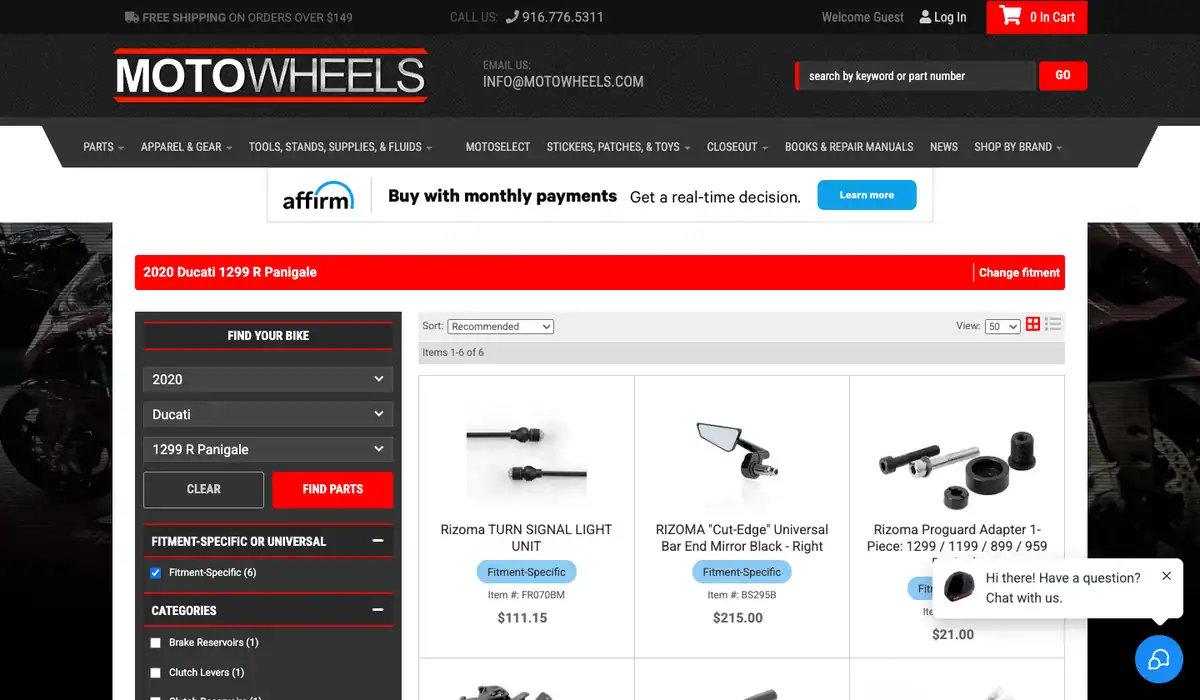Motowheels Find Your Bike results for a 2020 Ducati 1299 R Panigale with fitment-specific parts and prices